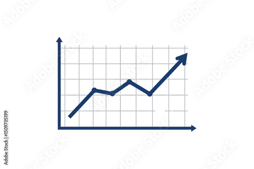 Blue financial growth chart with upward trend line on grid background, business vector icon isolated on transparent background