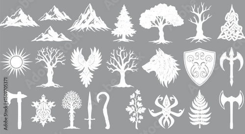 Celtic Norse Fantasy Nature Symbols Vector Graphics White Gray Backgro