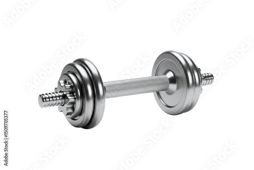 Realistic chrome dumbbell weight isolated on transparent background, ideal for fitness, strength training, or gym-related content