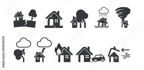Bundle set of natural disaster icons including earthquake, storm, tornado, thunderstorm, flood, fire, and car crashing into house.