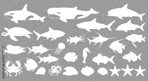 Ocean Animals Silhouettes: Whale Shark Fish Sea Life Clipart