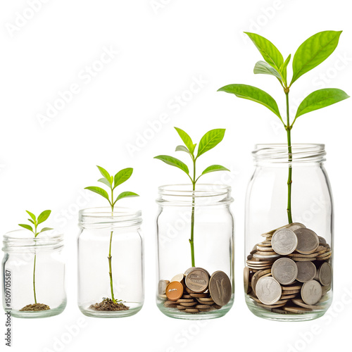 Growth of Savings and Investment Concept with Plants Growing in Coin Jars isolated on Transparent Background