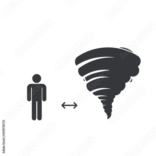Isolated pictogram of person keeping safe distance from tornado or twister, warning of high-speed wind danger