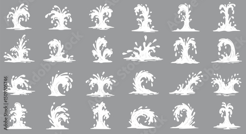 24 White Water Splash Wave and Spout Vector Illustrations