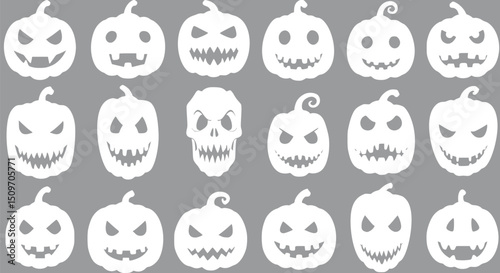 Halloween Jack-o'-lantern Silhouettes Scary Pumpkins Skull Grey Backgr