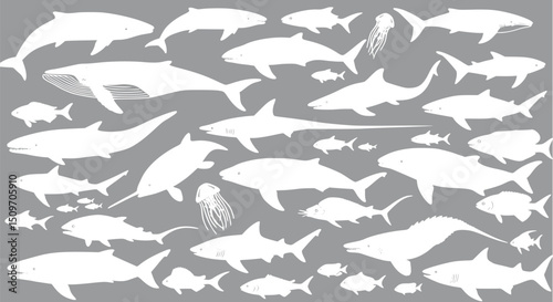 Ocean Life Silhouettes: Sharks Whales Fish & Jellyfish Illustration