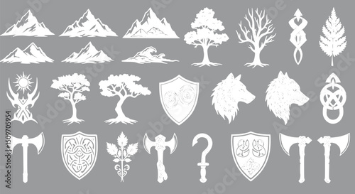 Celtic Viking Nature Wolf Tree Mountain Shield Axe Symbols Vector Grap