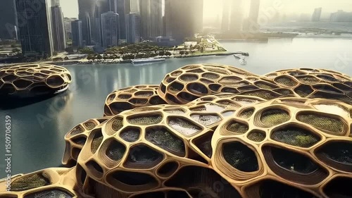 Futuristic architecture visualization, honeycombed structure complex on water with skyline backdrop