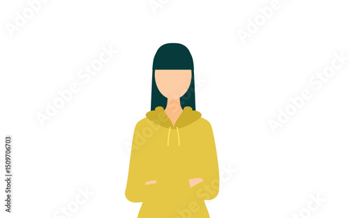 Simple illustration of a woman in a khaki-colored parka with her arms folded.