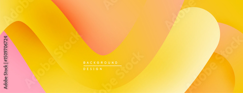 Abstract background features flowing orange, yellow, pink layers. Smooth gradients create dynamic visual effect. Minimalist design.