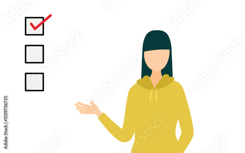 Simple illustration of a woman in a khaki-colored parka talking and showing the checklist