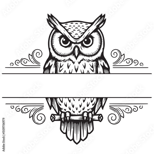 Detailed sketch of a stylized owl perched between two horizontal lines with decorative flourishes