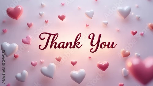 Thank you message with pink and white hearts floating on a light pink gradient background