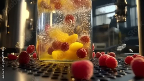 A Sparkling Refreshment: Craft Soda with Fresh Raspberries and Mango Infusion Close Up
