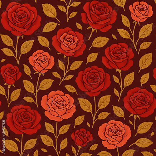 Elegant seamless rose floral pattern with red and coral blooms, golden leaves on burgundy background, vintage romantic textile design, repeat wallpaper, bold vector illustration for fabric prints