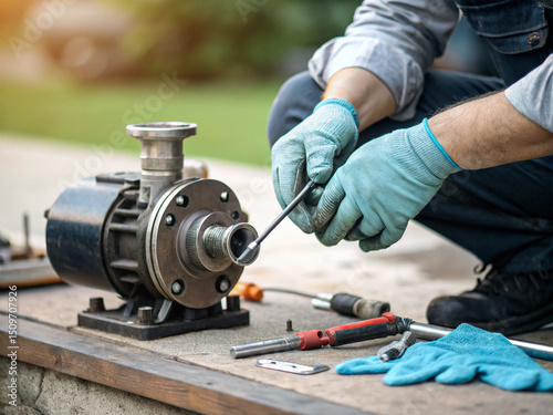 The hands of a carpenter are repairing a small water pump.