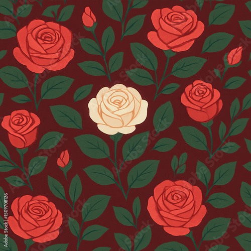 Seamless vector rose pattern with cream and deep red floral design, rich burgundy background, modern folk art, minimal vintage textile wallpaper repeat, flat botanical illustration
