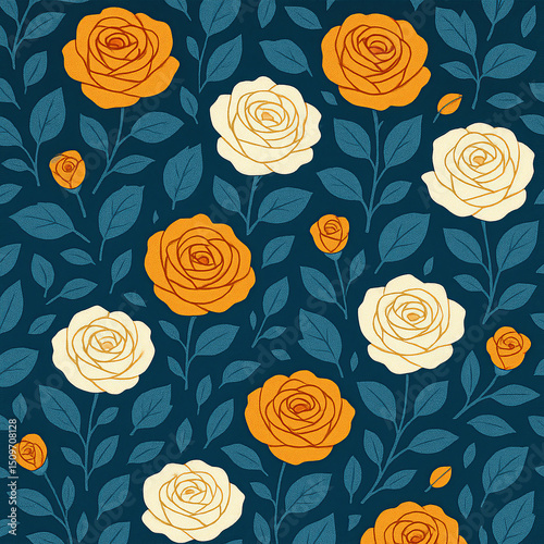 Seamless floral vector pattern with cream and golden stylized roses, teal stems and leaves, minimal folk art wallpaper, modern botanical surface textile design on dark teal background