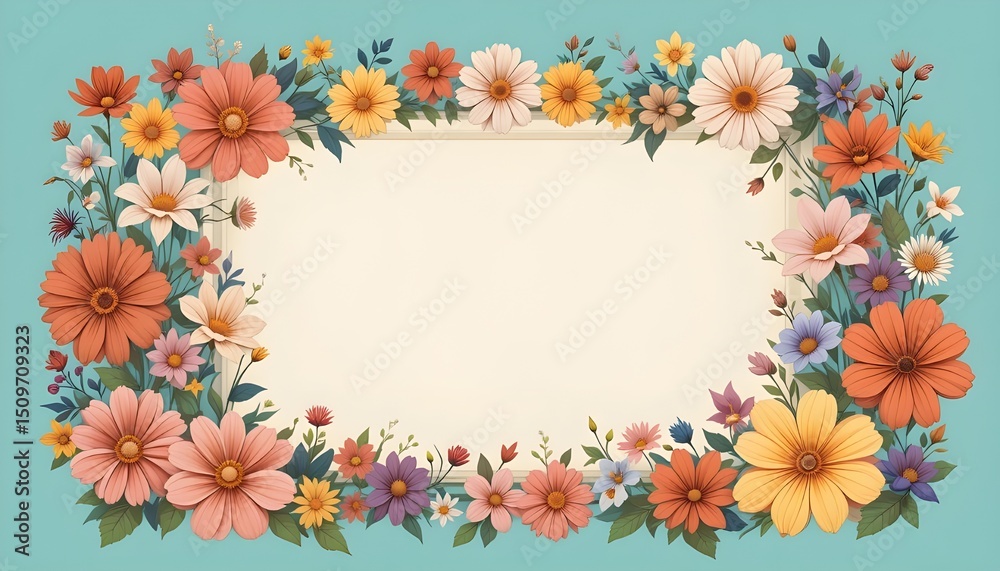Obraz premium Floral Frame on Teal Background – Landscape Blank Template with Colorful Flowers