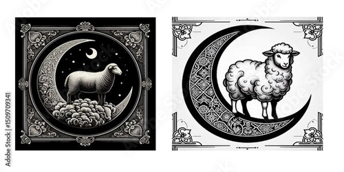 Eid al-Adha Sheep on Crescent Moon Ornate Illustration | Black and White Islamic Holiday Vector Graphics for Greeting Cards and Festive Celebrations