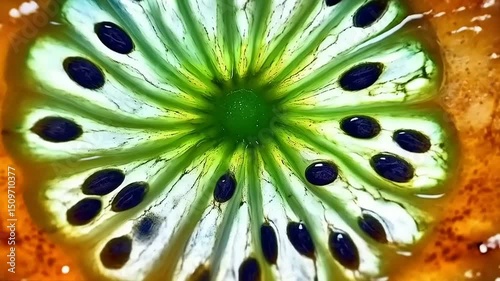 Detailed cross-section shot displaying the intricate arrangement within a kiwi fruit
