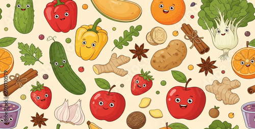 Happy Food Pattern with Smiling Vegetables and Fruits | Seamless Background of Cute Cartoon Produce for Kids Products and Healthy Eating Marketing