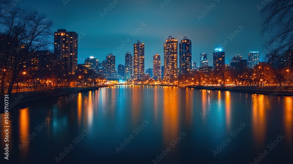 Naklejka premium Urban serenity City lights dance on tranquil waters mirroring dreams and reflecting ambition in a captivating nighttime