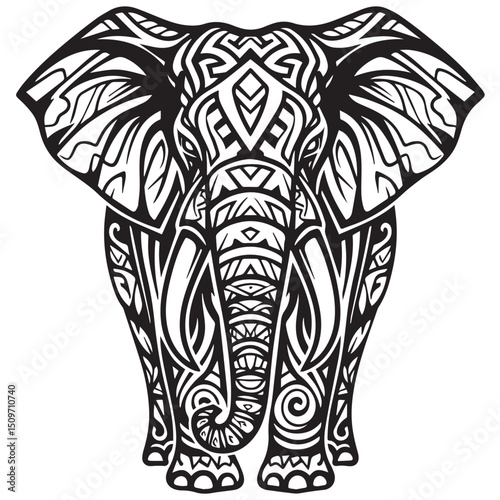 Detailed monochrome drawing of an elephant heavily ornamented with complex patterns