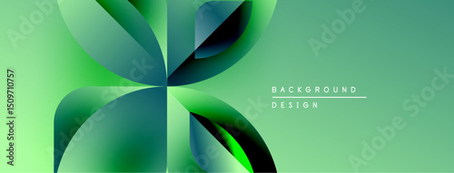 Abstract green design features overlapping rounded shapes. Gradient colors create dynamic visual effect. Minimalist style, modern aesthetic.