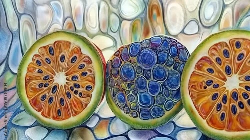 Abstract Fruity Arrangement with Bubble-like Textures and Artistic Presentation