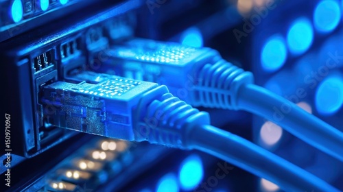 Two computer cables plugged into a server, illuminated by blue lights, with a blurred background of blue lights. photo