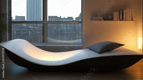 Modern Interior with Unique Chaise Lounge and Cityscape View creating a serene atmosphere