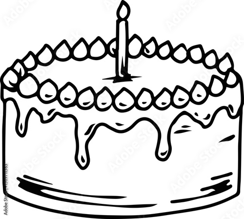 Birthday cake with candle and icing in black and white illustration