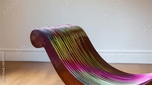 Modernist iridescent slatted bench design, a unique fusion of colors and form