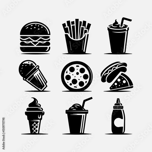A classic assortment of fast food vector icon items including a hot dog and french fries