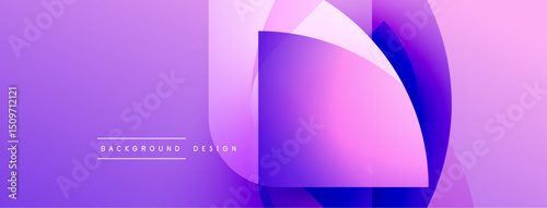 Abstract purple design features overlapping shapes. Gradient colors create dynamic visual effect. Minimal text present, modern aesthetic.