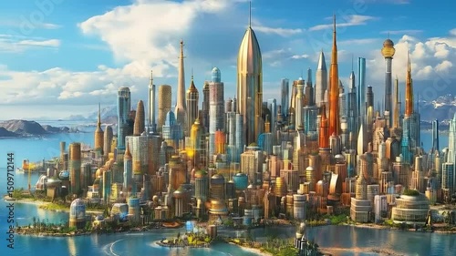 Futuristic metropolis, island city, vibrant skyline and conceptual architecture