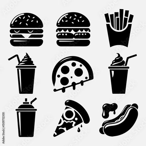 A popular assortment of fast food vector icon items featuring a hot dog and french fries
