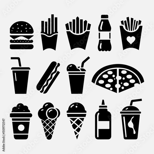 A delicious assortment of fast food vector icon items showing a hot dog and french fries
