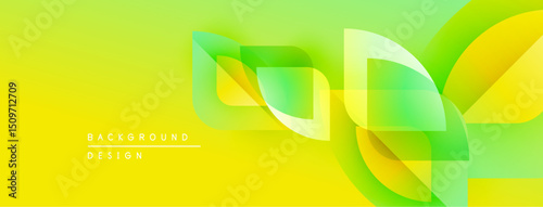 Bright yellow background features overlapping translucent shapes. Modern design evokes energy, fluidity, positive vibes. Simple, clean aesthetic.