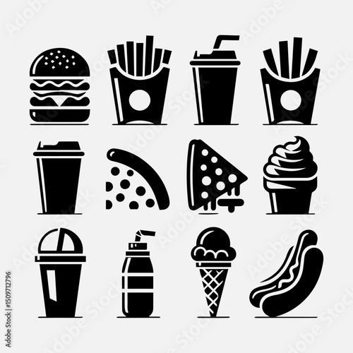 An iconic assortment of fast food vector icon items showcasing a hot dog and french fries