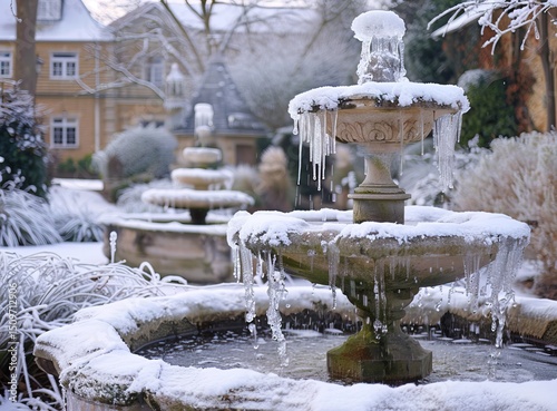 A frozen fountain surrounded by snow-covered plants and trees. Icicles hang from the fountain's edges. The scene captures a serene winter landscape.