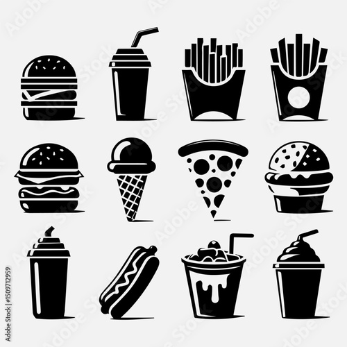 An iconic assortment of fast food vector icon items showcasing a hot dog and french fries