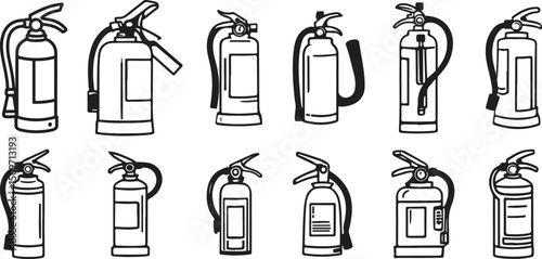 Clean Fire Extinguisher Icons Pack, Isolated Emergency Prevention Symbols on White Background