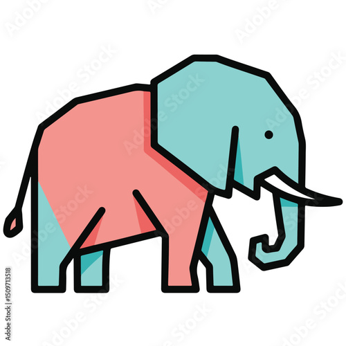 Stylized geometric elephant with pink body blue head black outline and single visible tusk standing against white