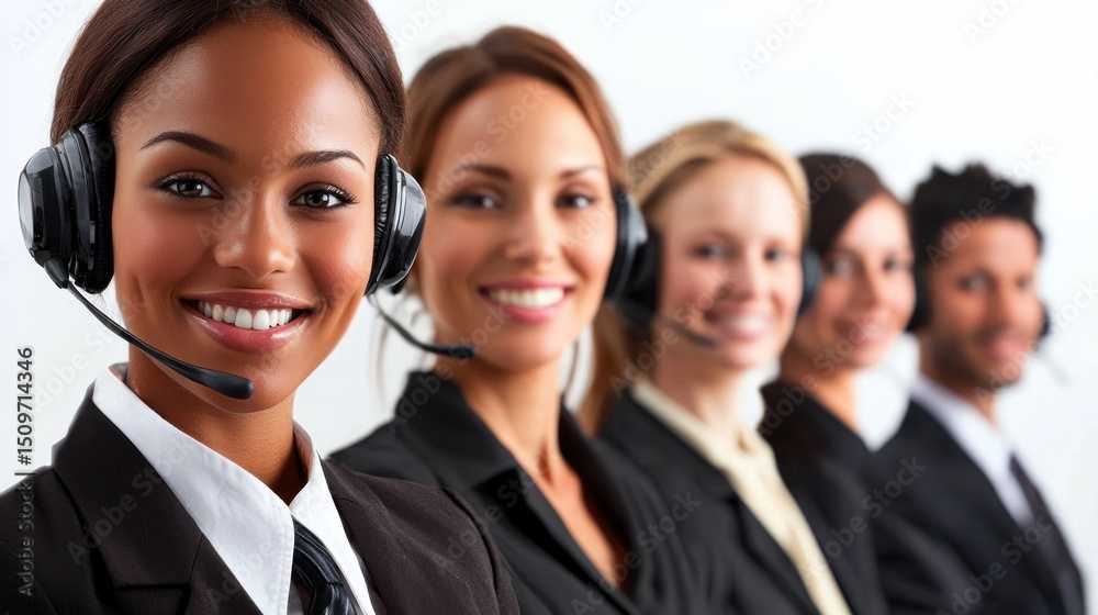 A group of customer service representatives wearing headsets, standing in a row with a white background. A group of customer service representatives wearing headsets, standing in a row with a white background.