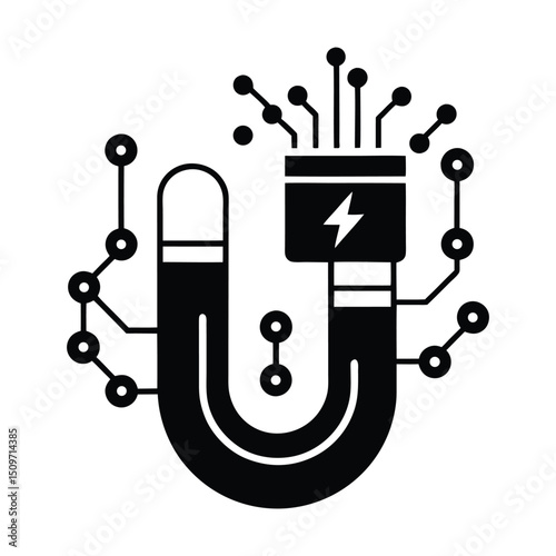 Black and White Magnet Icon with Digital Nodes