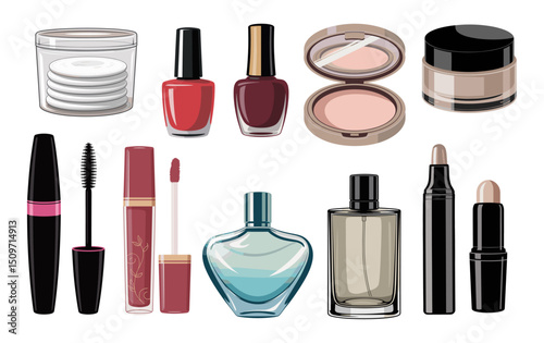 A collection of makeup products including lipsticks, nail polish, mascara, eye shadow. Concept of abundance and variety, with many different shades and colors available