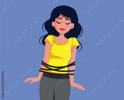 Tied up Woman Feeling Upset Vector Concept Illustration. Unhappy woman feeling trapped and captive in a hostage situation