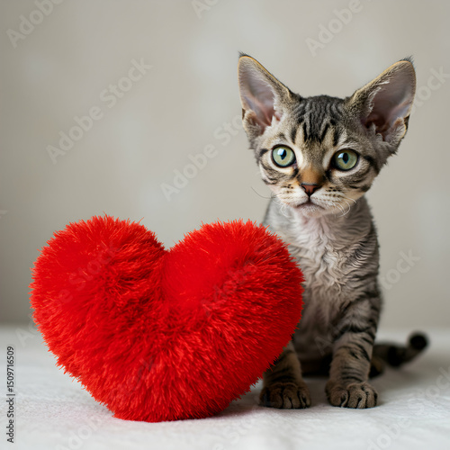 Devon Rex Kitten with Red Heart